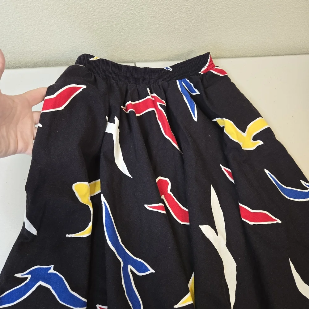 Vintage 80s Tumbleweeds Black Bird Print Full Midi Skirt Colorful Novelty Retro